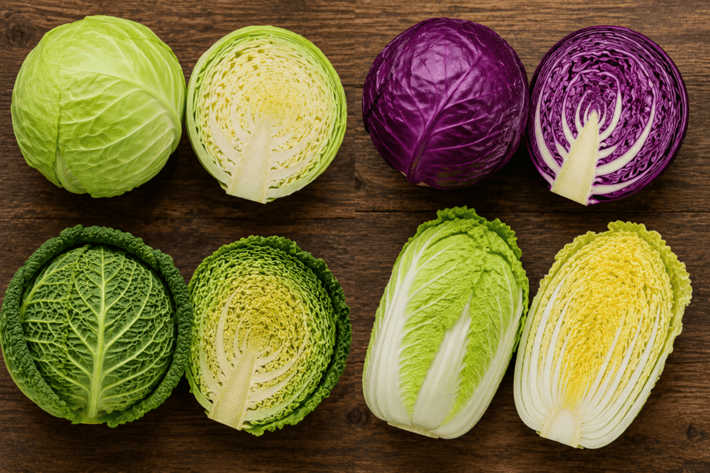 Green, red, Savoy, and Napa cabbage varieties for different cooking methods
