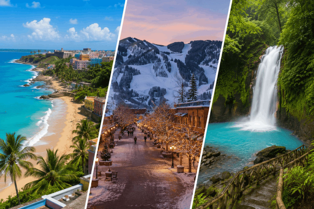 Collage of Puerto Rico, Aspen, and Costa Rica among the best places to travel in December