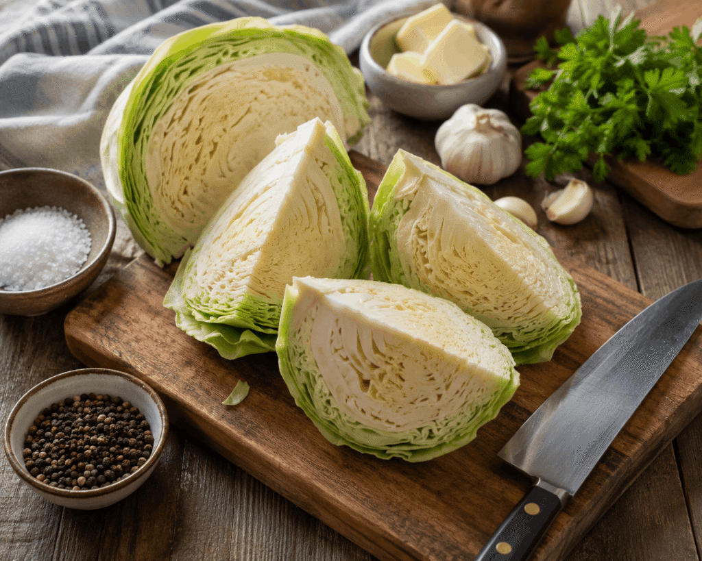 Fresh green cabbage cut into wedges with cooking ingredients on a wooden board