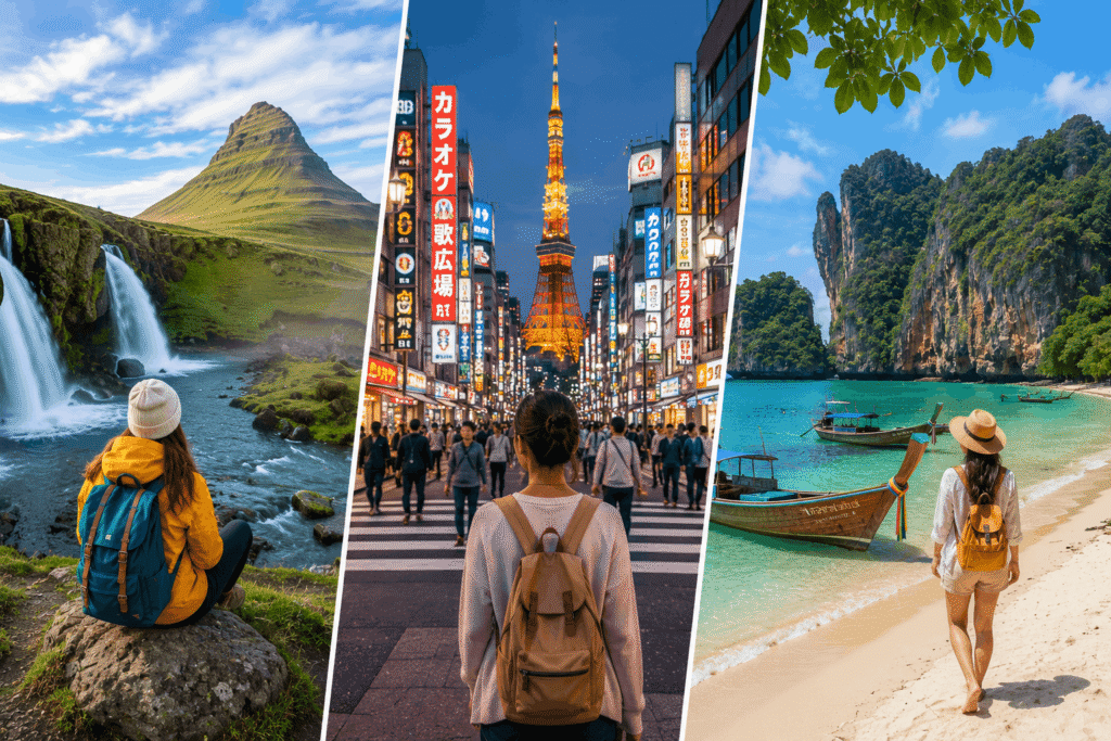 Iceland landscape, Japan city, Thailand beach