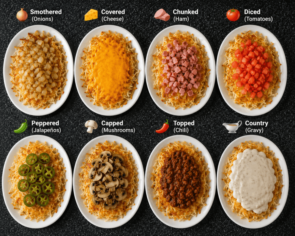 Waffle House hashbrown toppings including smothered, covered, chunked, diced, peppered, capped, topped, and country
