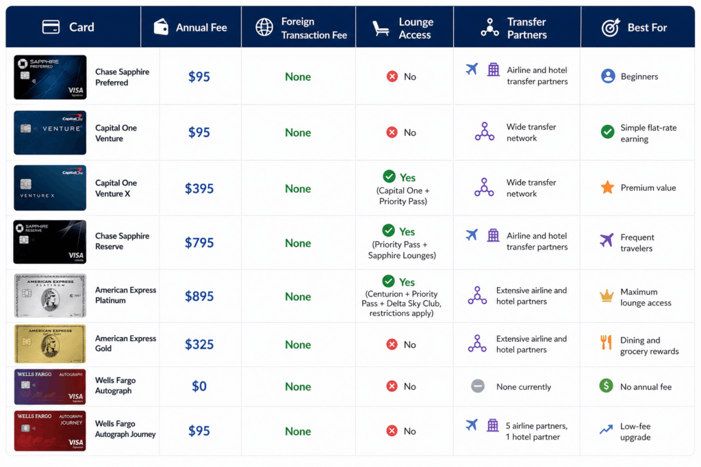 Comparison of travel credit card features including rewards and lounge access