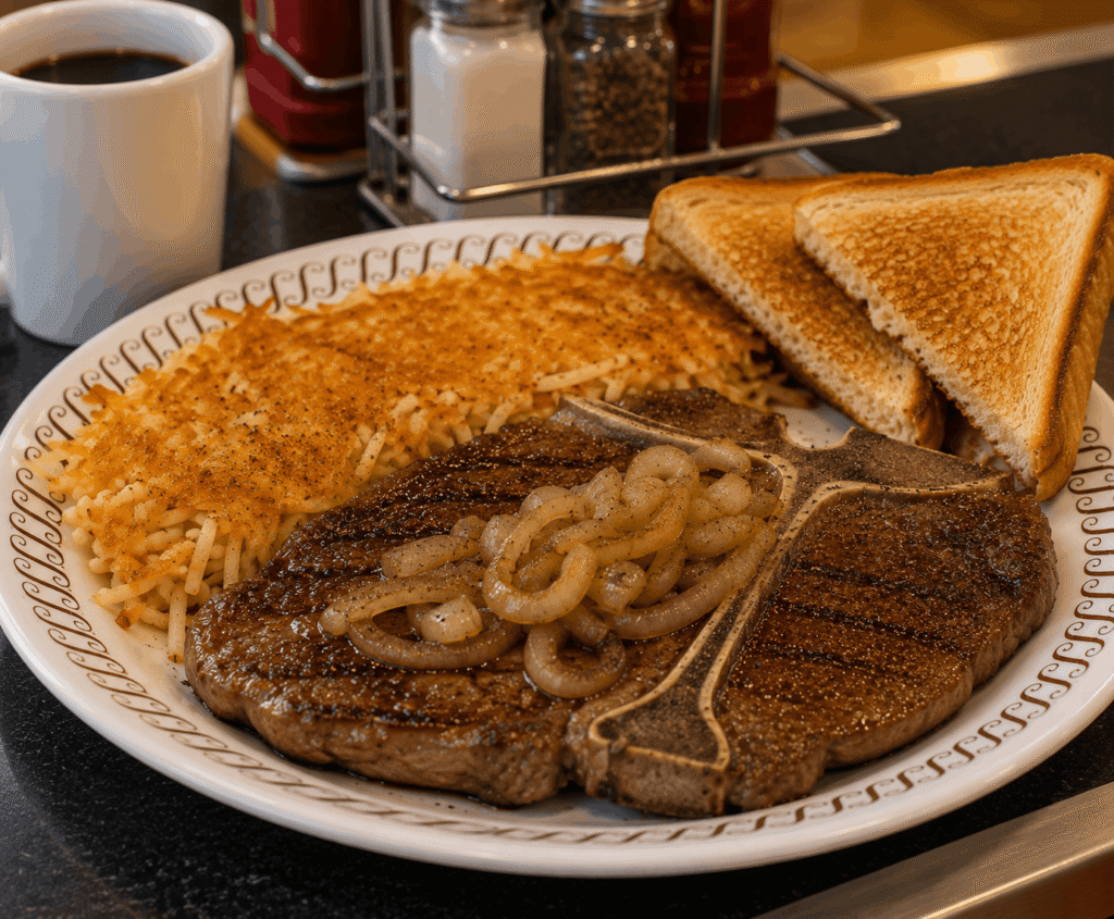 Waffle House T-Bone steak dinner with hashbrowns and toast