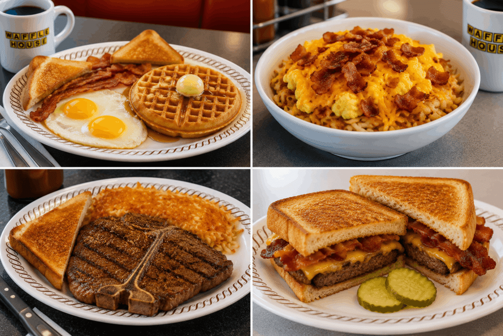 Popular Waffle House menu items including the All-Star Special, hashbrown bowl, steak plate, and Texas Patty Melt